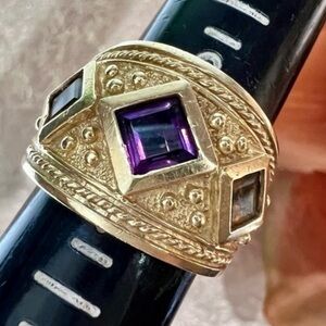 Vintage Art Deco Ornate Solid 10K Gold Stunning Statement Ring Amethyst Citrine